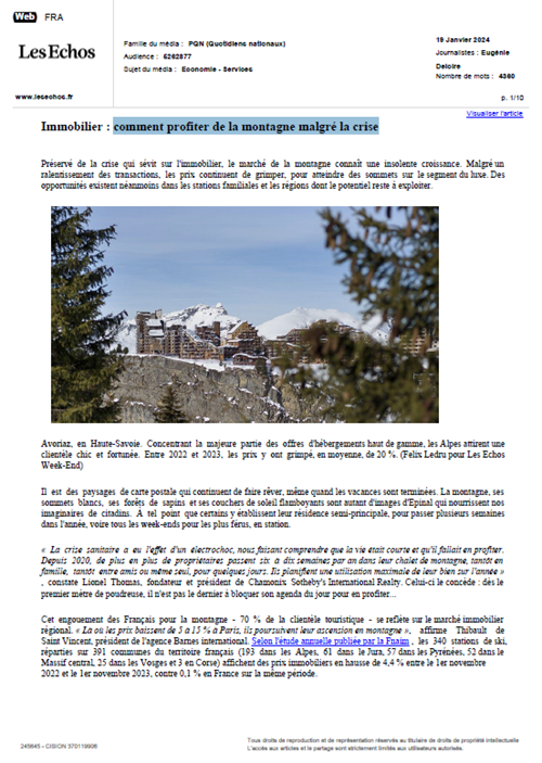 Parution presse Les Echos - Immobilier : comment profiter de la montagne malgré la crise