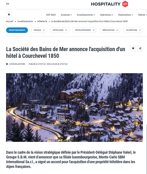 HOSPITALITY - La Société des Bains de Mer annonce l'acquisition d'un hôtel à Courchevel 1850