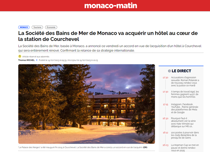 MONACO MATIN - SBM va acquérir un hôtel au cœur de la station de Courchevel
